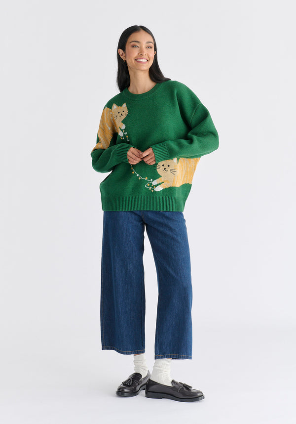 Christmas Jumper With Cat And Fairylights in Green